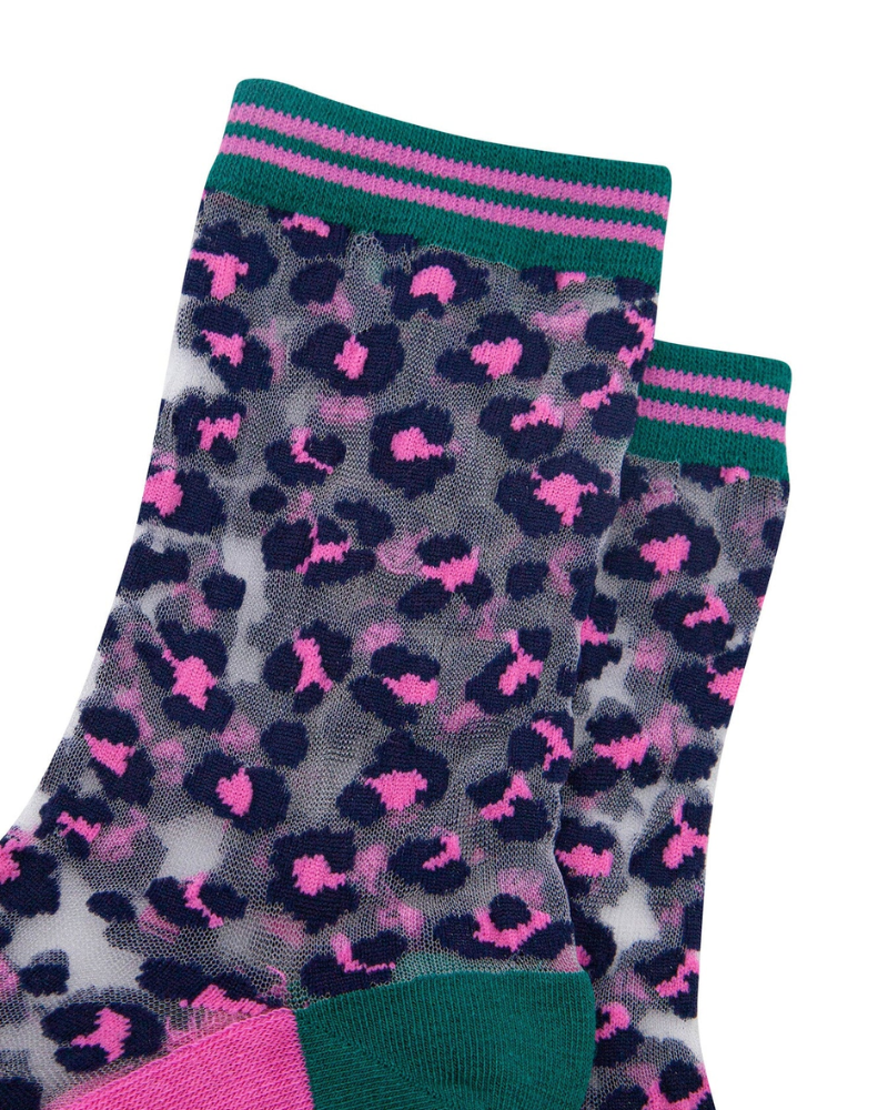 Leopard Print Unisex Sheer Pop Socks in Green & Pink