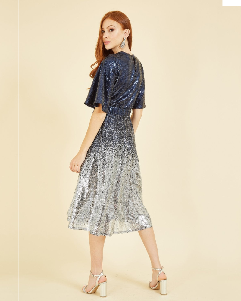 Ombre Sequinned Wrap Dress In Navy Silver By Yumi