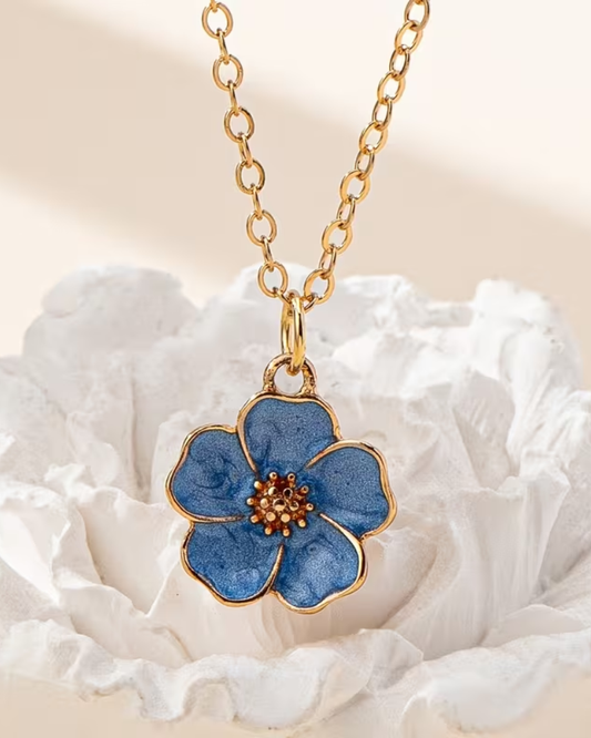 Enamel Pansy Flower Necklace in Blue & Pink