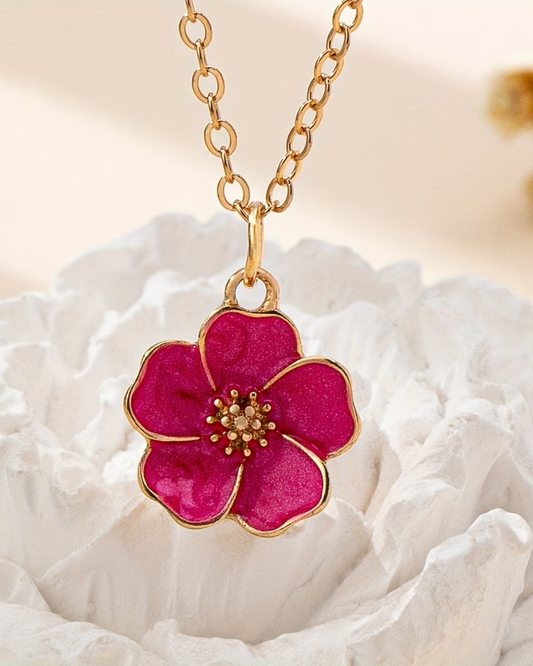 Enamel Pansy Flower Necklace in Blue & Pink