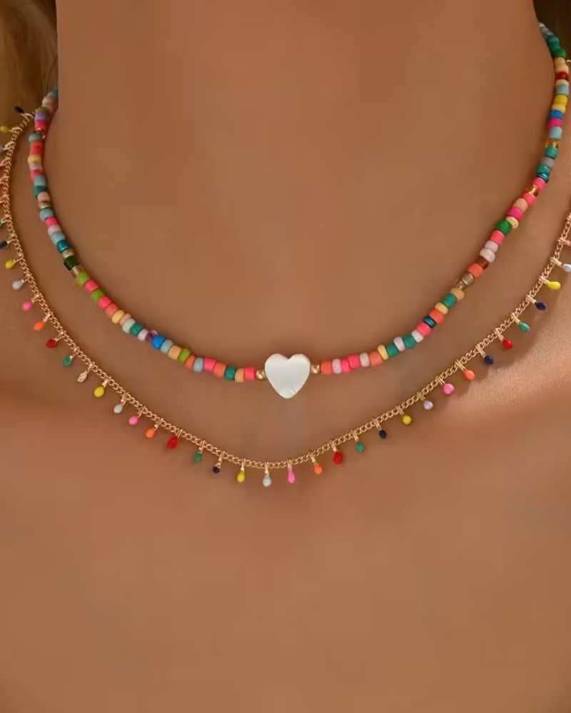 Rainbow Beads Double Layer Necklace In Gold