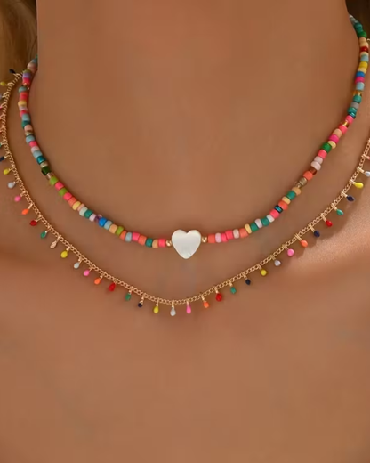 Rainbow Beads Double Layer Necklace In Gold