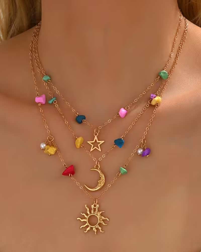 Rainbow Celestial Multi Layer Necklace In Gold