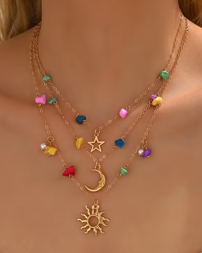 Rainbow Celestial Multi Layer Necklace In Gold