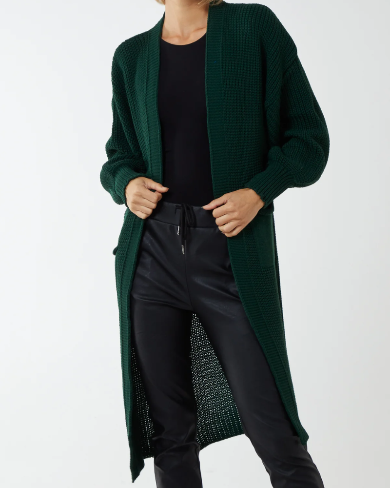 Edge to Edge Long Knitted Cardigan in Bottle Green