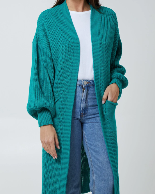Edge to Edge Long Knitted Cardigan in Teal
