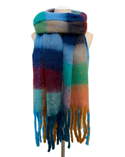 Oxford Blue Mix Check Chunky Tassel Scarf