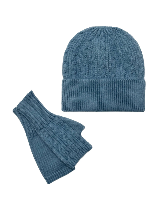 Powder Blue Plain Knitted Wool Hat & Fingerless Gloves Set
