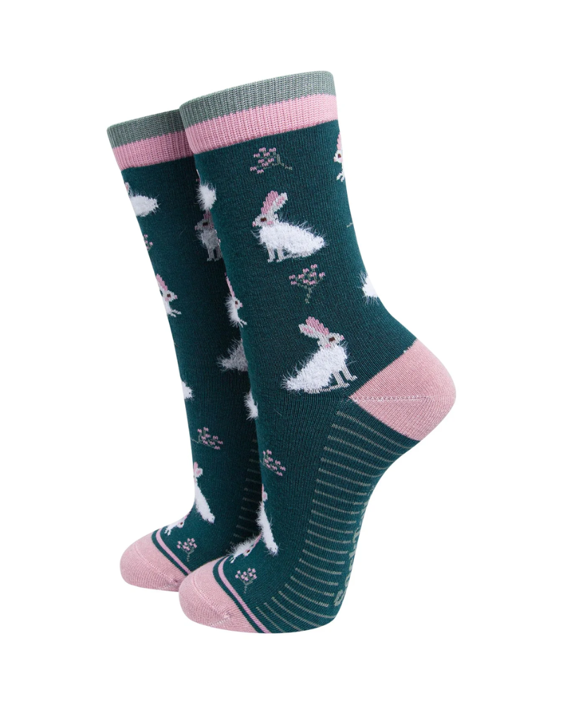 Bunny Rabbit Unisex Fluffy Bamboo Socks in Forest Green