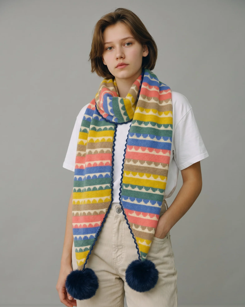 Colourful Striped Pattern Scarf With Fluffy Pom Poms