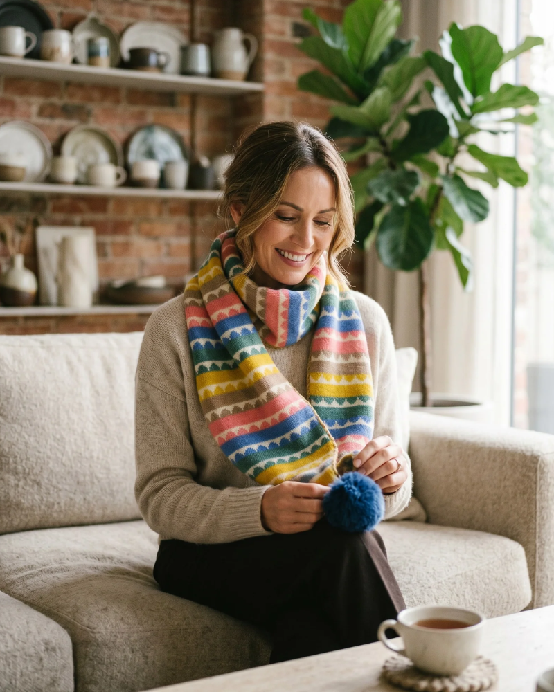 Colourful Striped Pattern Scarf With Fluffy Pom Poms