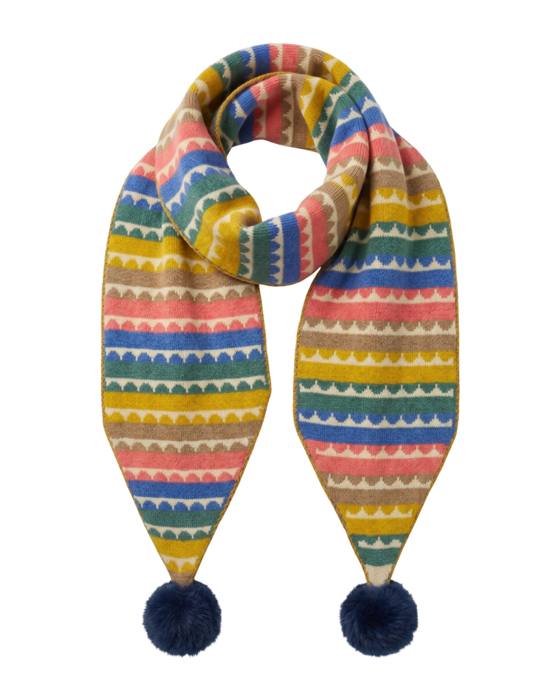 Colourful Striped Pattern Scarf With Fluffy Pom Poms