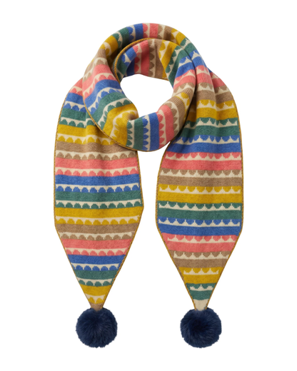 Colourful Striped Pattern Scarf With Fluffy Pom Poms