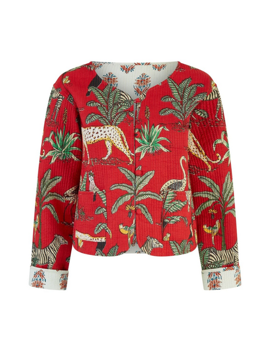 Red Reversible Animal Print Quilted Jacket by Yumi