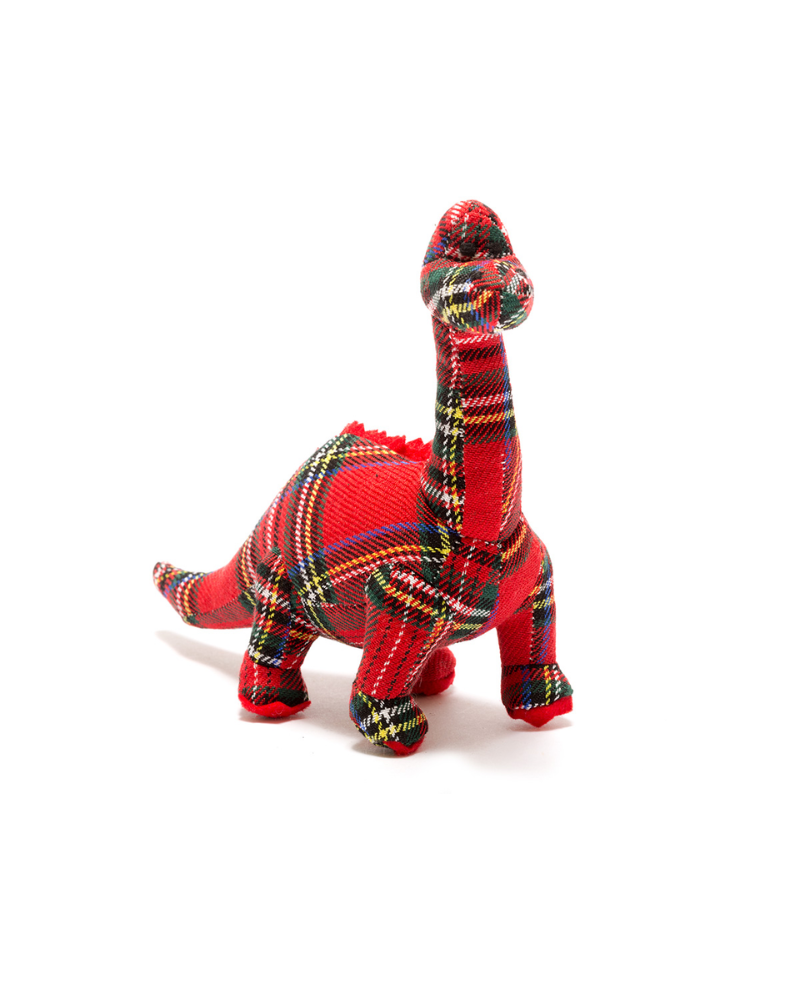 Red Tartan Diplodocus Dinosaur Knitted Rattle