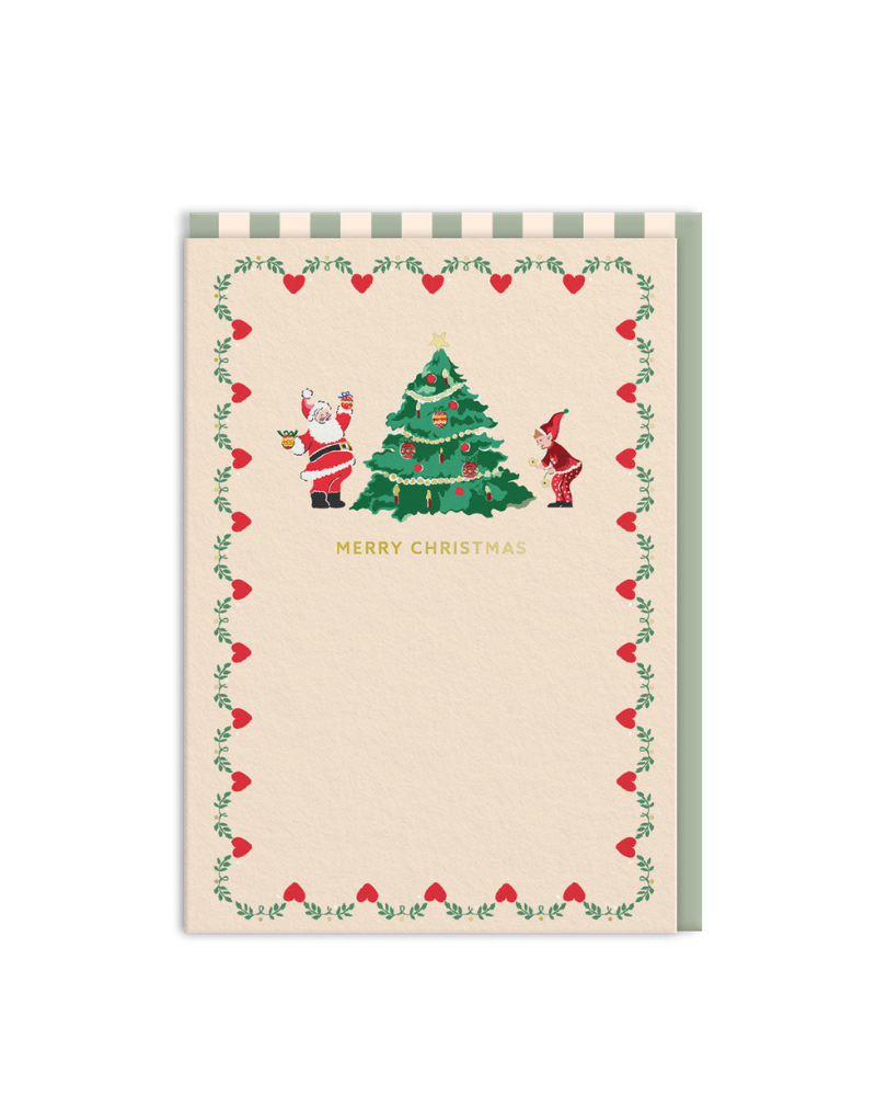 Santa,  Elf And Christmas Tree Merry Christmas Card
