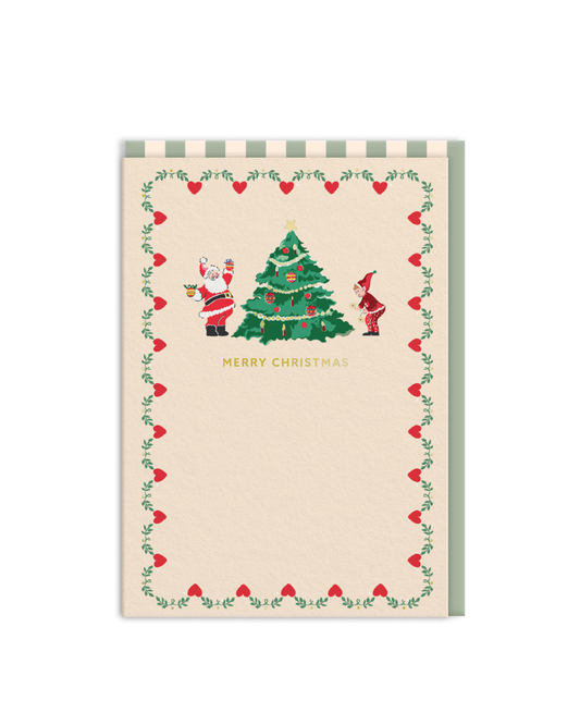Santa,  Elf And Christmas Tree Merry Christmas Card
