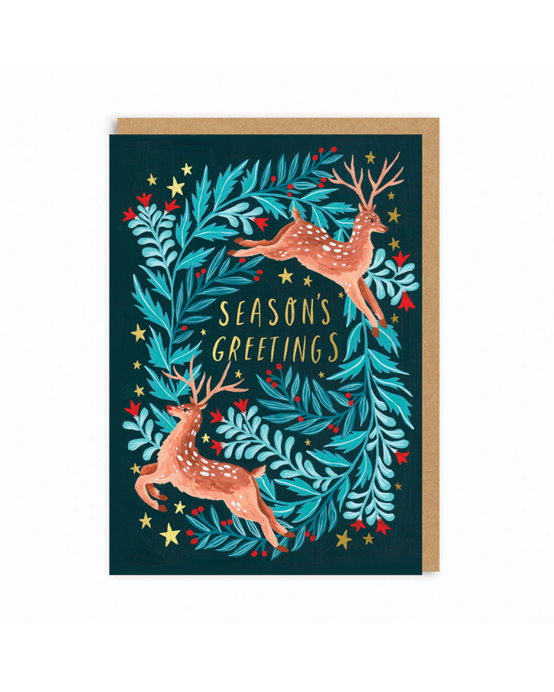 Seasons Greeting Deer Wreath Christmas Card