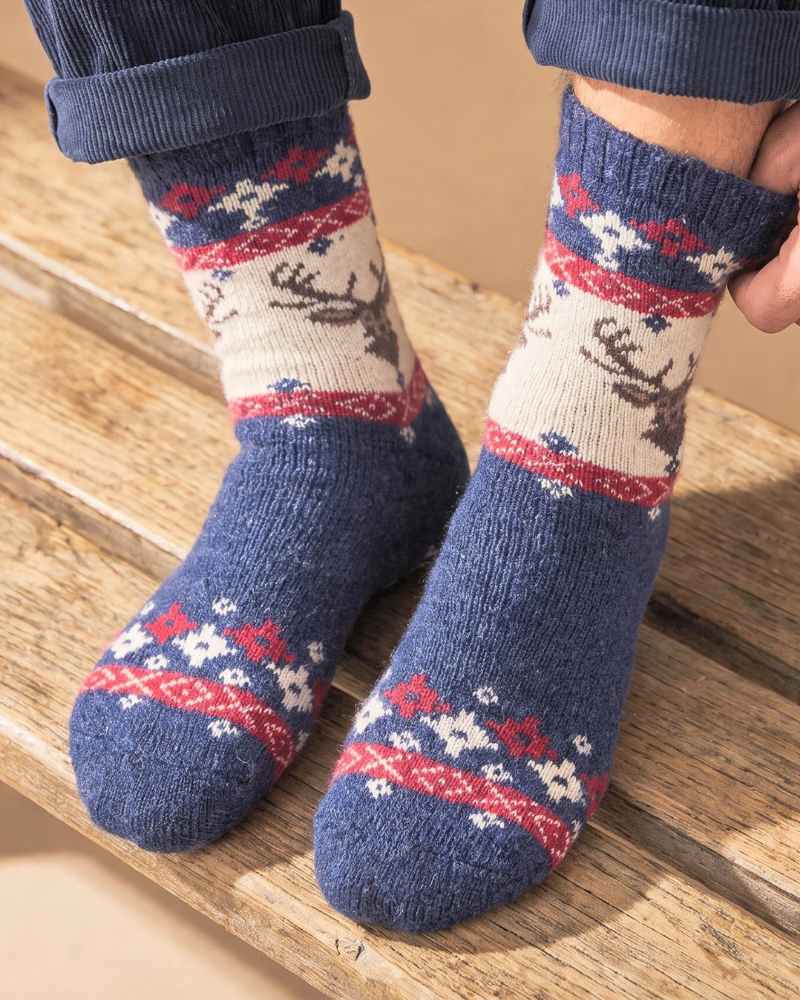 Stag Patterned Wool Socks In Navy Blue