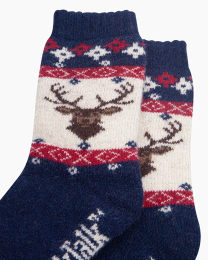 Stag Patterned Wool Socks In Navy Blue