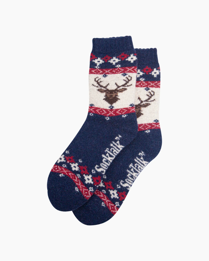 Stag Patterned Wool Socks In Navy Blue