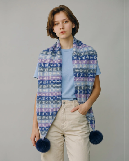 Fairilse Inspired Pattern Scarf With Fluffy Pom Poms