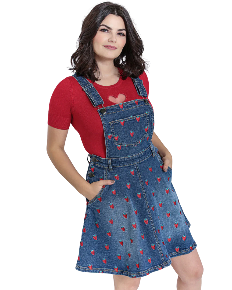 Strawberry Denim Pinafore Dress