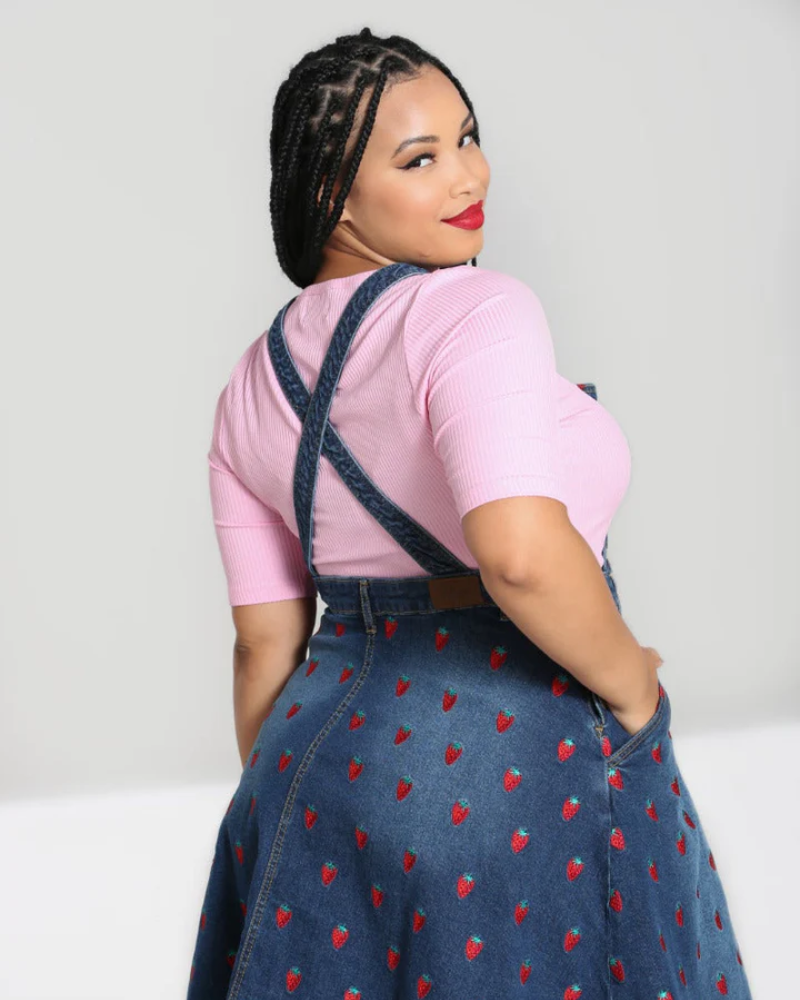 Strawberry Denim Pinafore Dress