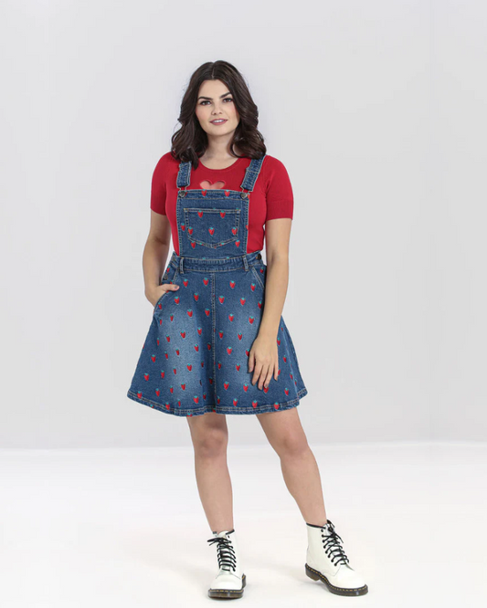 Strawberry Denim Pinafore Dress