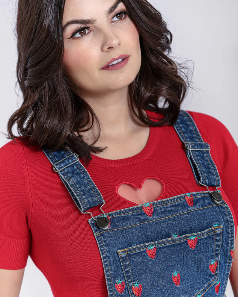 Strawberry Denim Pinafore Dress