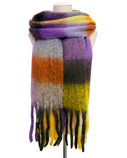 Smoky Violet Multi Check Chunky Tassel Scarf