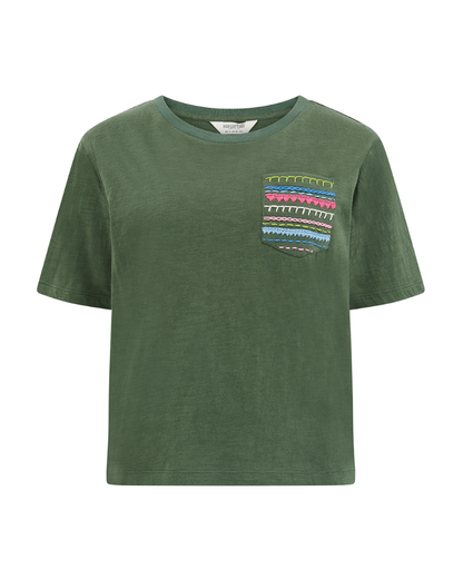 Green t-shirt with a colorful pocket design on a white background