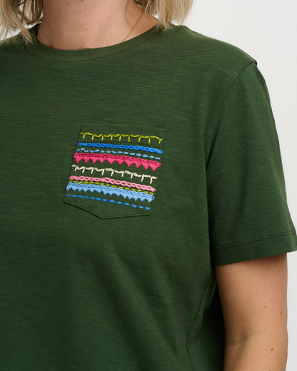 Green t-shirt with colorful pattern on pocket against a white background