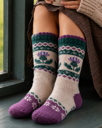 Thistle Patterned Wool Socks In Cream