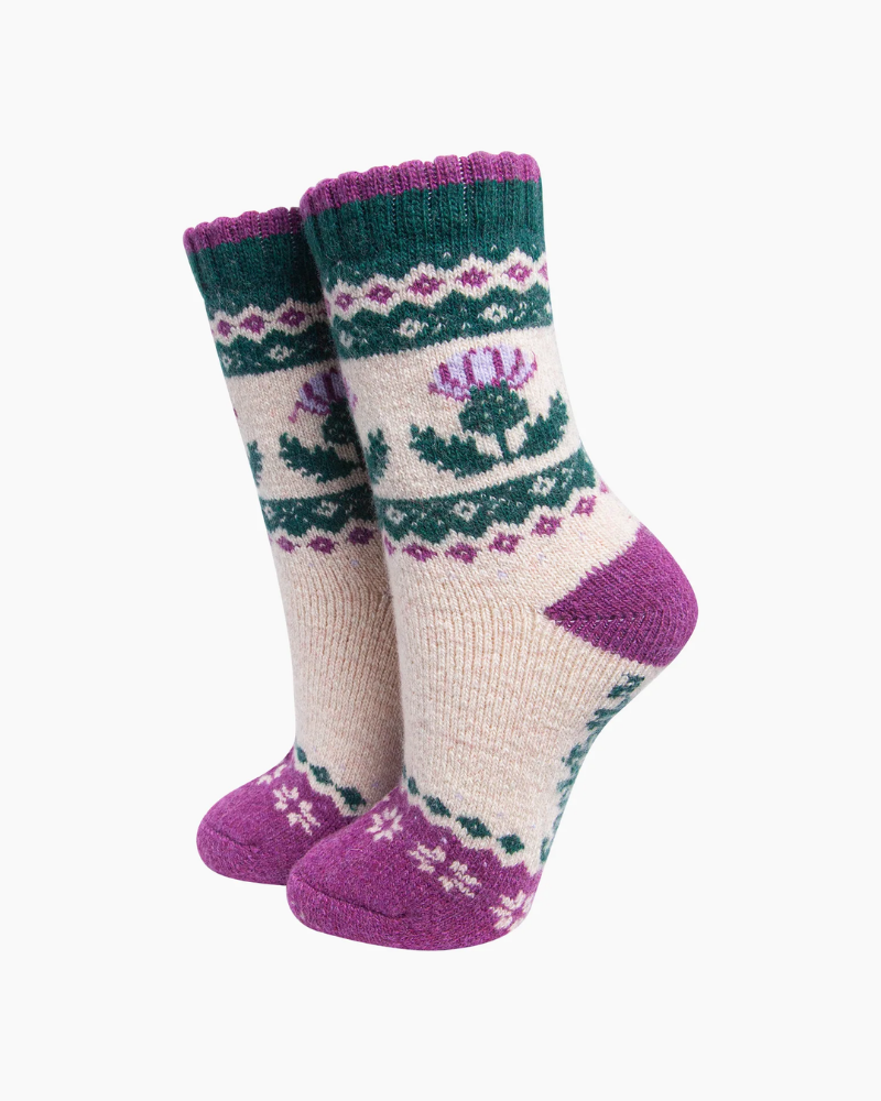 Thistle Patterned Wool Socks In Cream