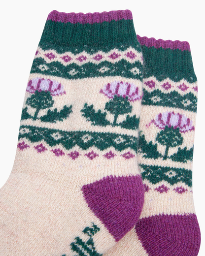 Thistle Patterned Wool Socks In Cream