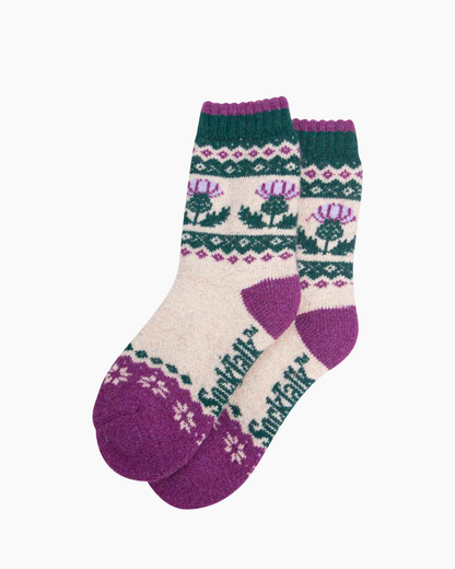 Thistle Patterned Wool Socks In Cream
