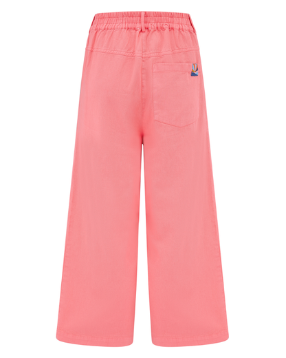 Pink pants with a small logo on a white background