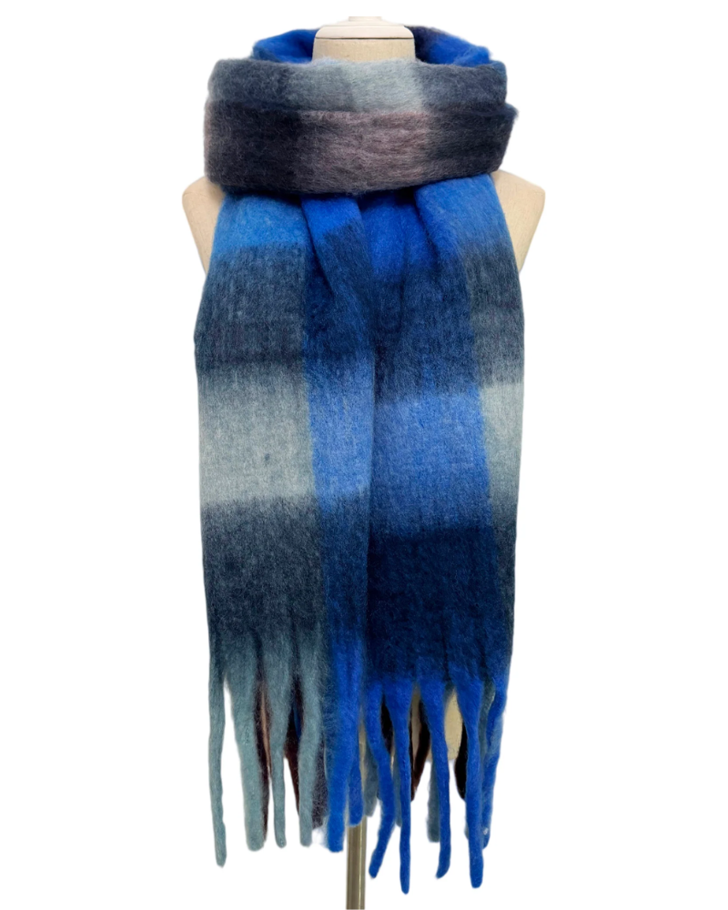 Urban Blue Check Chunky Tassel Scarf