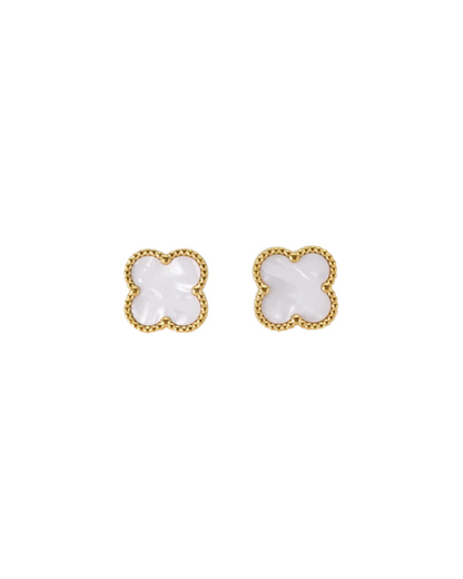 White Four Leaf Clover Earrings 18K Gold Plated
