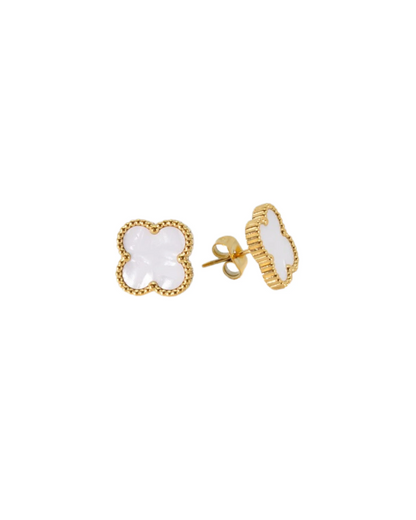 White Four Leaf Clover Earrings 18K Gold Plated