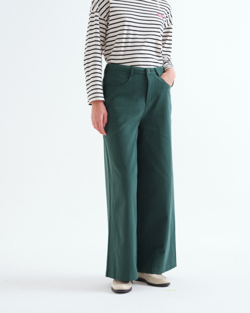 Green Twill Wide Leg Jeans