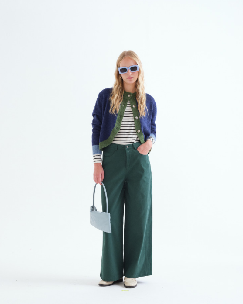 Green Twill Wide Leg Jeans