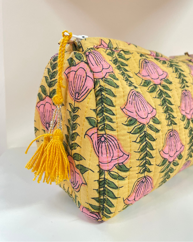 Yellow Quilted Flower Wash Bag in Assorted Sizes