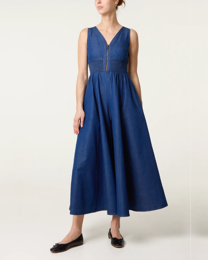 Zip Front Shirred Denim Jumpsuit