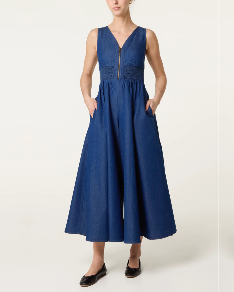 Zip Front Shirred Denim Jumpsuit