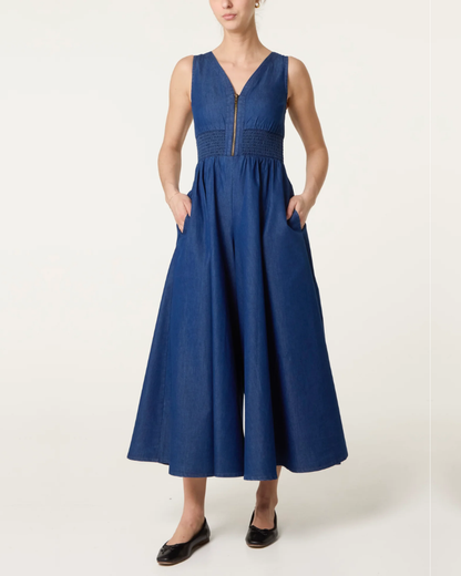 Zip Front Shirred Denim Jumpsuit