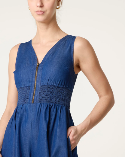 Zip Front Shirred Denim Jumpsuit