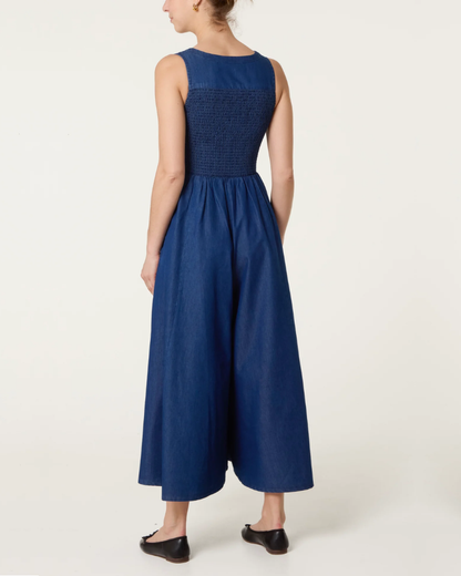 Zip Front Shirred Denim Jumpsuit