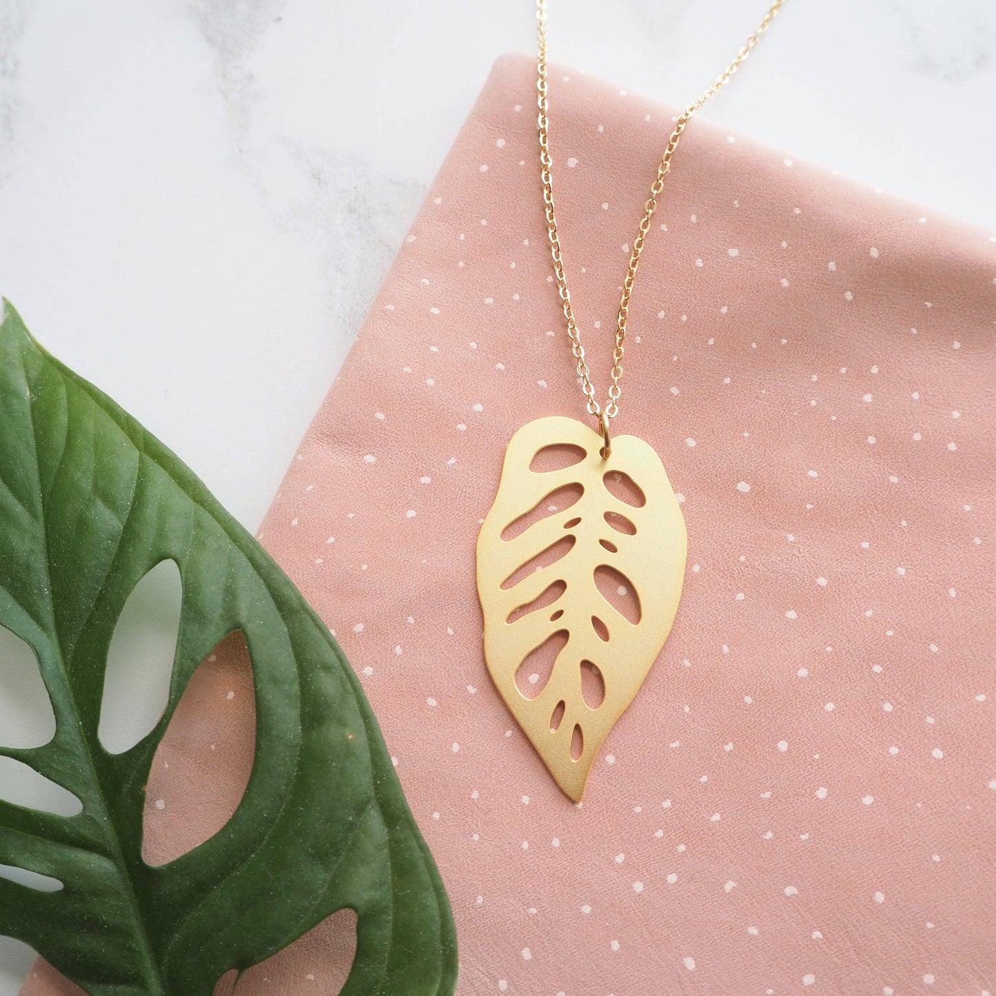Gold Monstera Obliqua Houseplant Necklace